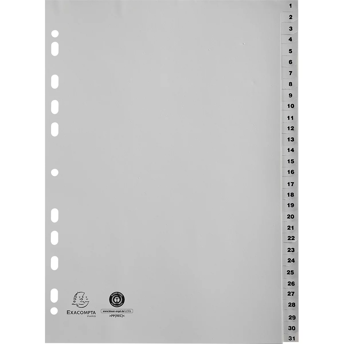 Eine graue Registerkarte mit Zahlen von 1 bis 31. Links sind Löcher für einen Ordner.