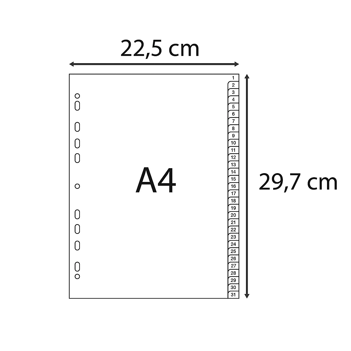 Ein weißes A4-Blatt mit Löchern und einer Spalte mit Zahlen von 1 bis 31, daneben Größenangaben: 22,5 cm x 29,7 cm.
