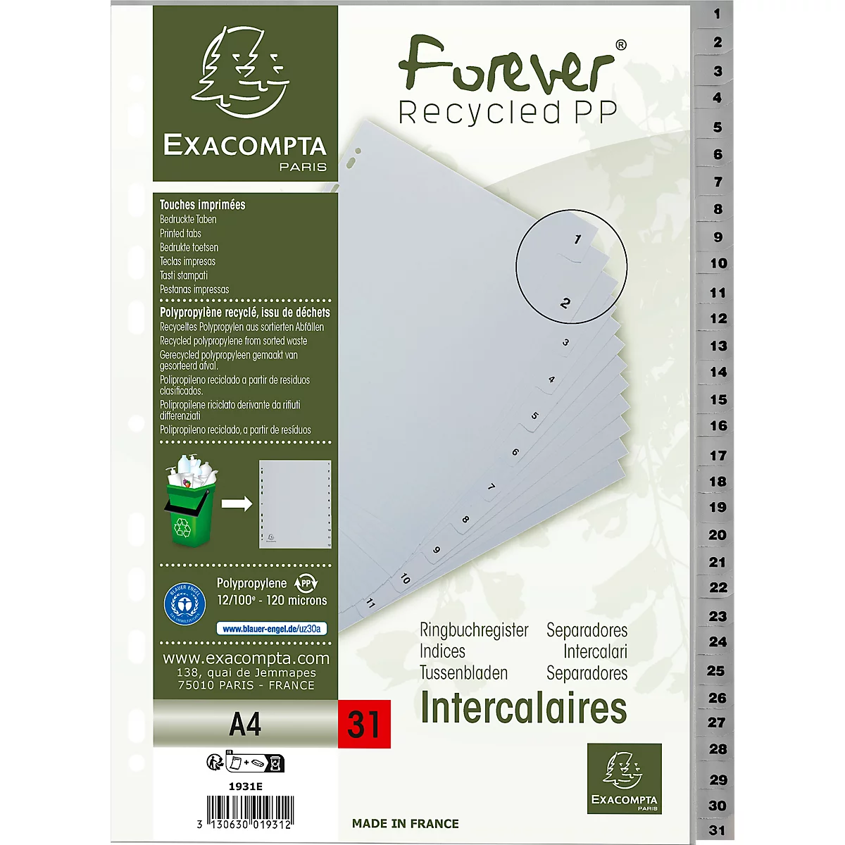 Register Exacompta 1931E, Format A4, Universallochung, Taben 1-31, B 225 x H 297 mm, Blauer Engel, Recycling-Kunststoff, grau