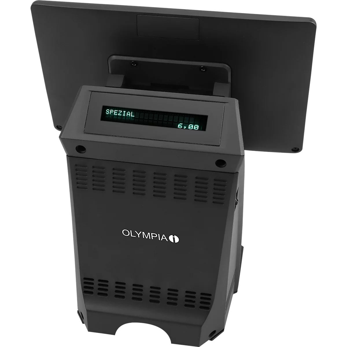 Schwarzes Kassensystem, Display mit "SPEZIAL" und "6.00". Olympia Logo. Details wie Lüftungsschlitze.