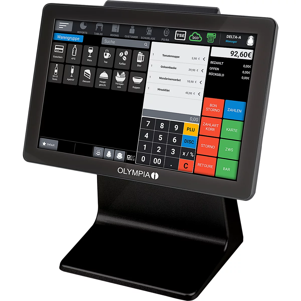 Schwarzes Kassensystem, Olympia-Logo, Touchscreen mit Produkt- und Zahlenansicht.