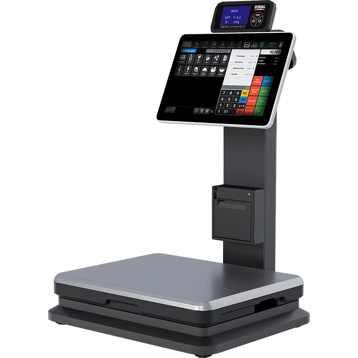 Graue Ladenwaage mit Touchscreen. Auf dem Bildschirm sind Produktinformationen und eine Tastatur zu sehen.