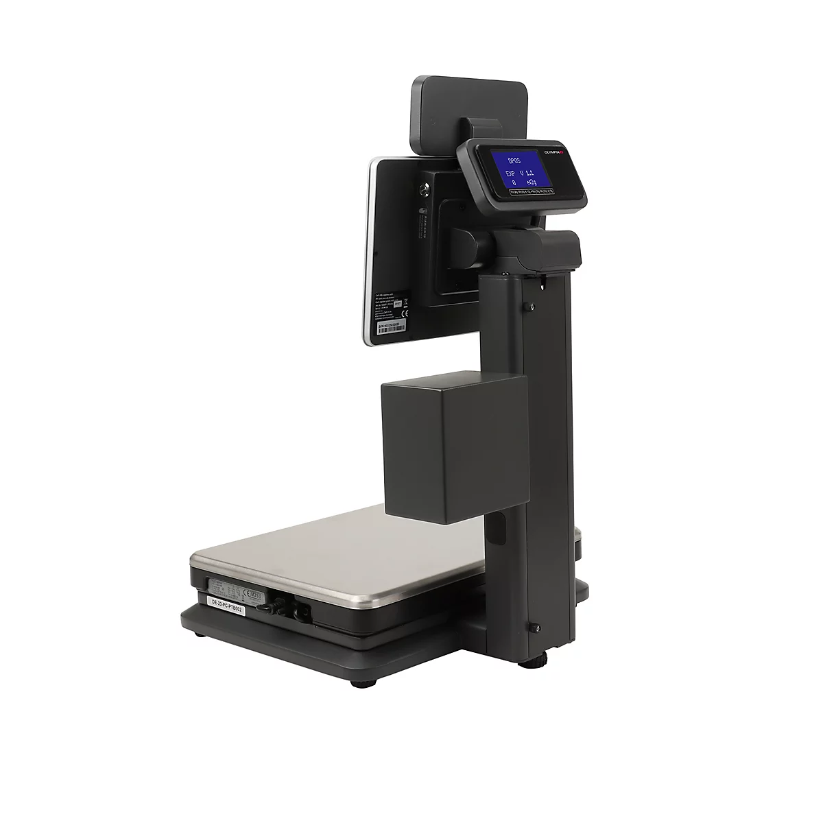 Digitale Waage, dunkelgrau mit Display, zeigt Messwerte. Die Waage steht auf einem grauen Sockel.