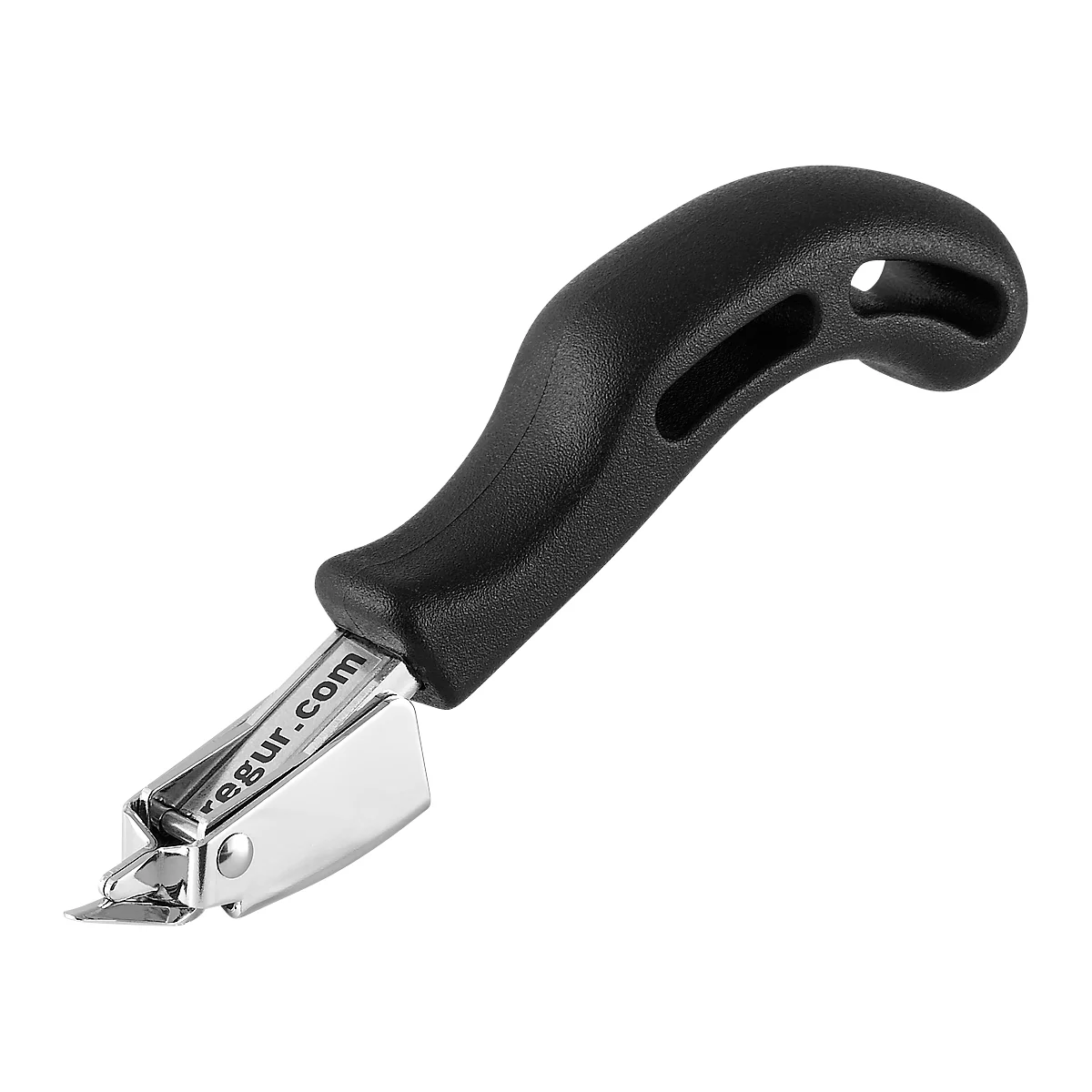 A black staple remover on a white background. The handle has an ergonomic shape, the blade is silver, with the label 'regur.com'.