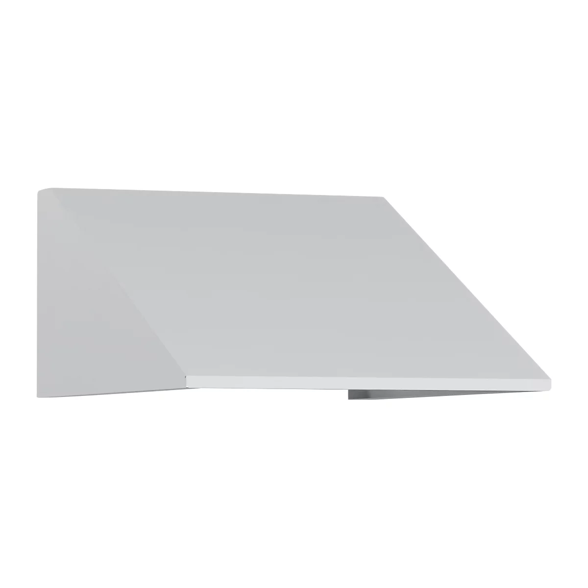 Hotte de cuisine blanche avec surface inclinée. La partie inférieure dépasse.