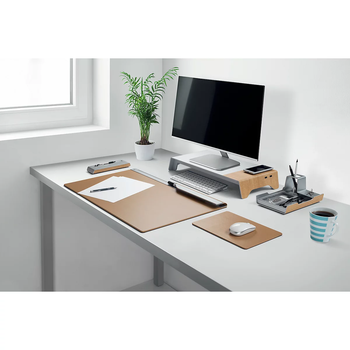 Rehaussement d'écran smartstyle sigel®, jusqu'à 5 kg, avec fonction chargeur Qi + 2 ports USB 2.0, plastique/acrylique, effet bois et métal