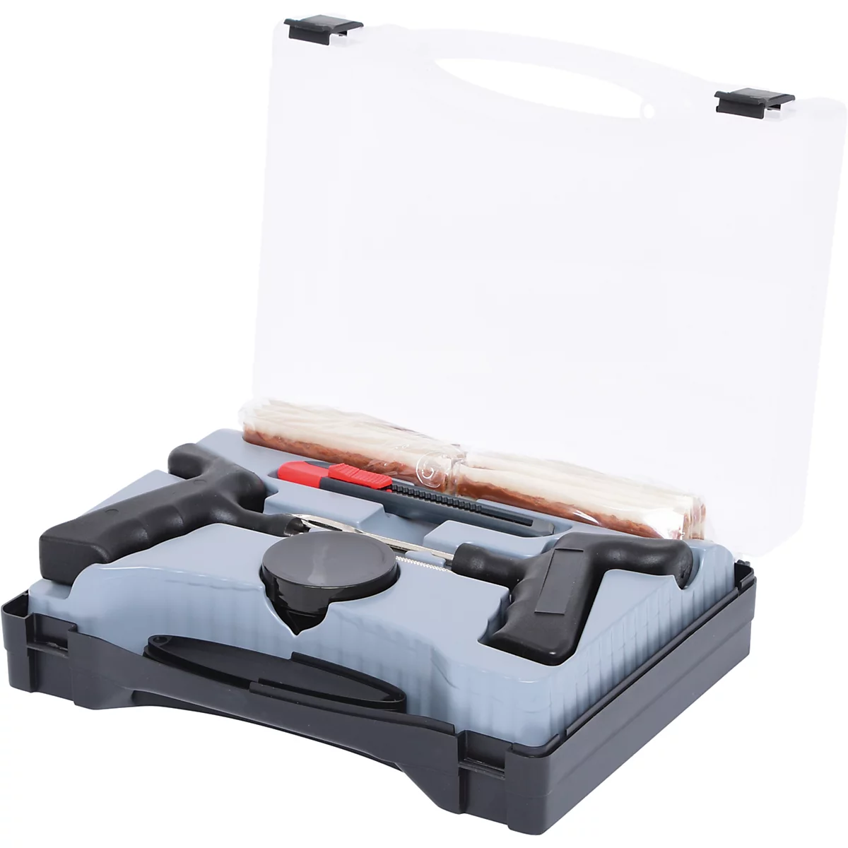 Reparaturset für Reifen in schwarzem Kunststoffkoffer. Enthält Werkzeuge, Flickzeug und Anleitungen.