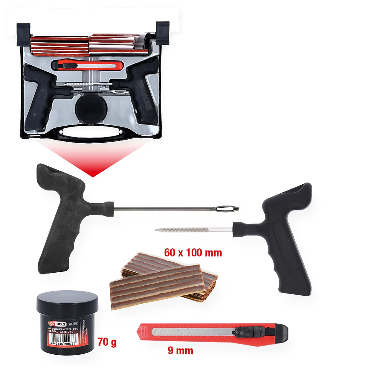 Reifenreparatur-Set mit Werkzeugen, Kleber, Flickstreifen und Messer. Alles übersichtlich angeordnet.