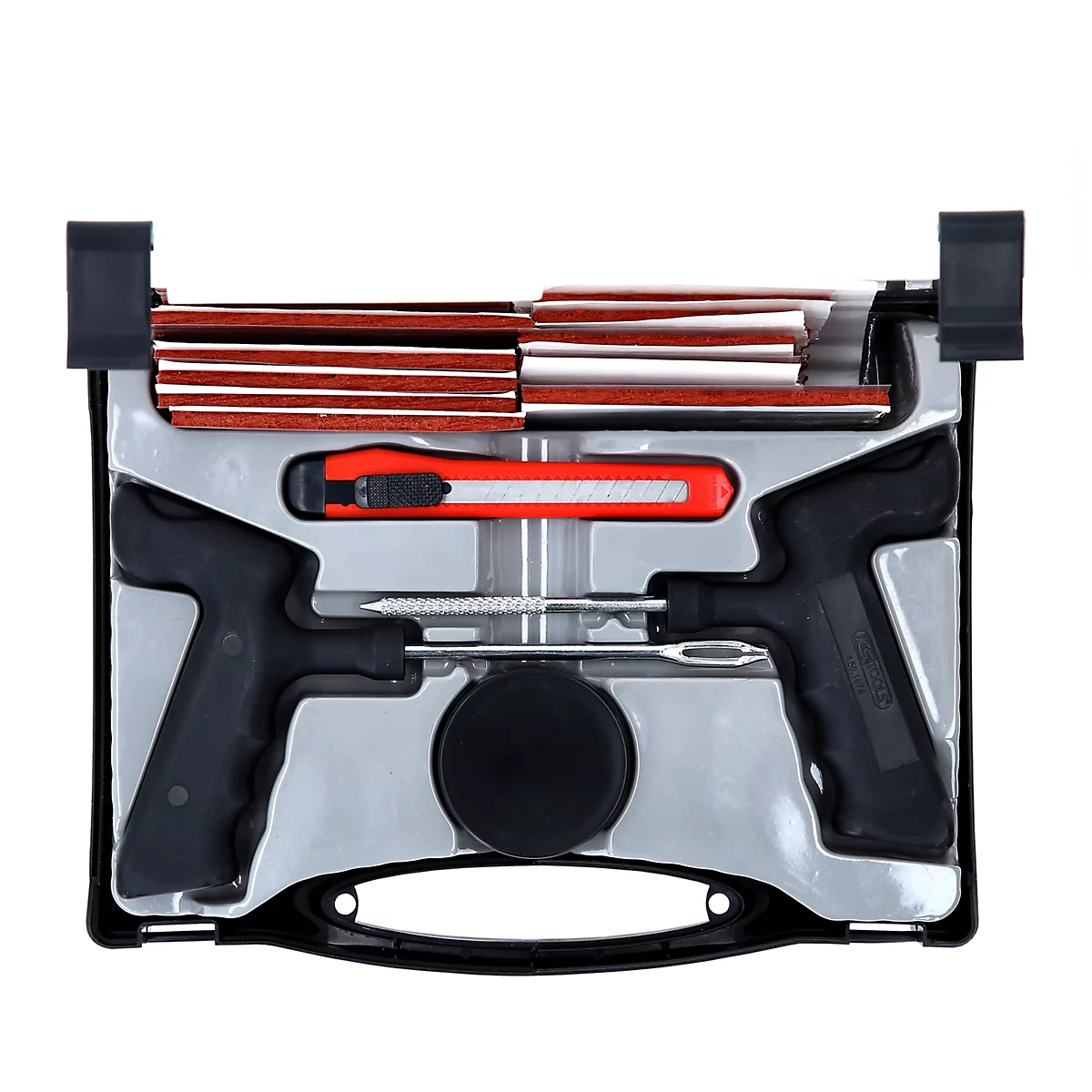 Reifenreparaturset in schwarzer Box. Enthält Flicken, Werkzeug und Cutter.