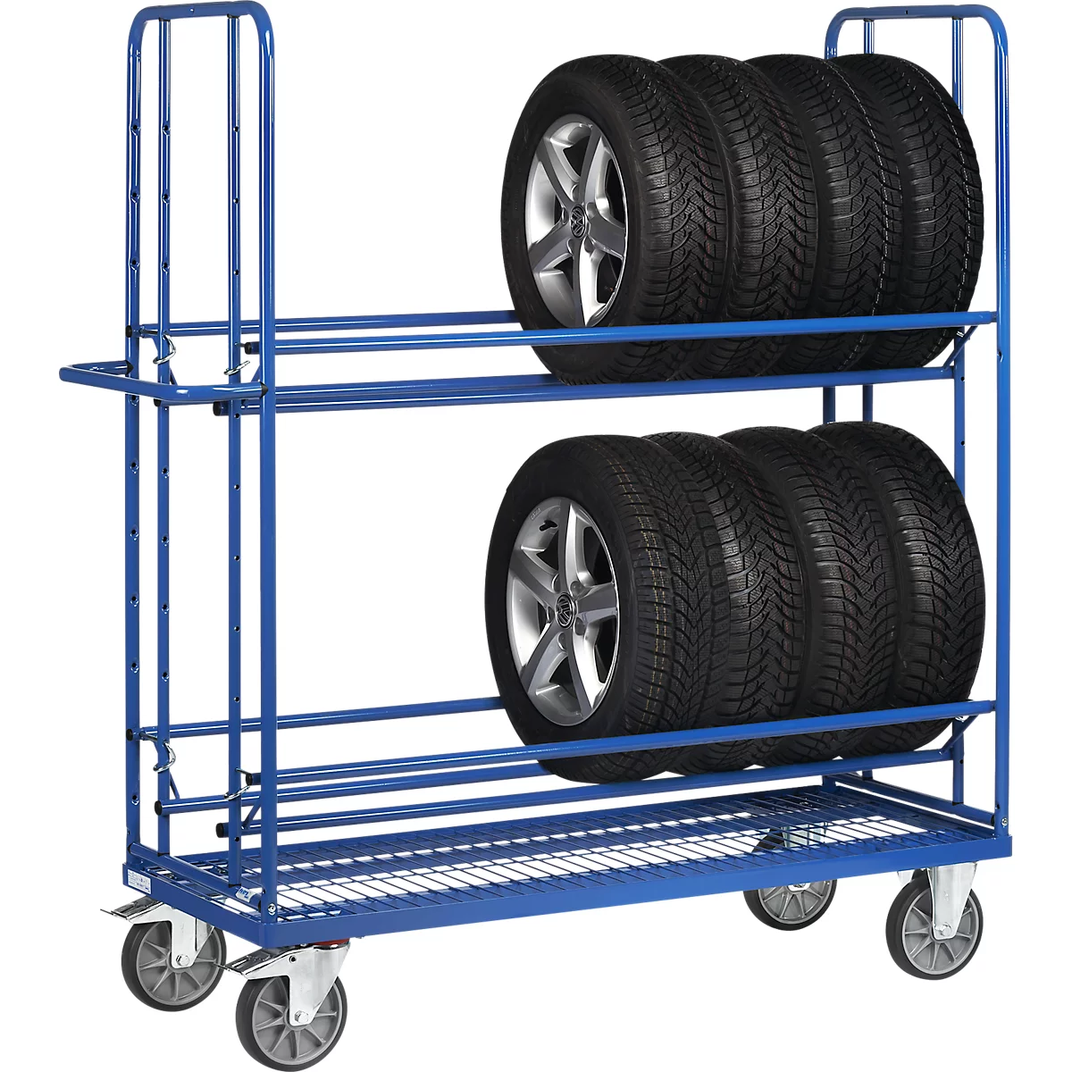Reifenwagen Fetra 4596, bis 400 kg, 2 Etagen mit variabel einhängbaren Reifenträgern, Ladefläche L 1420 x B 610 mm, Drahtgitterboden, TPE-Bereifung