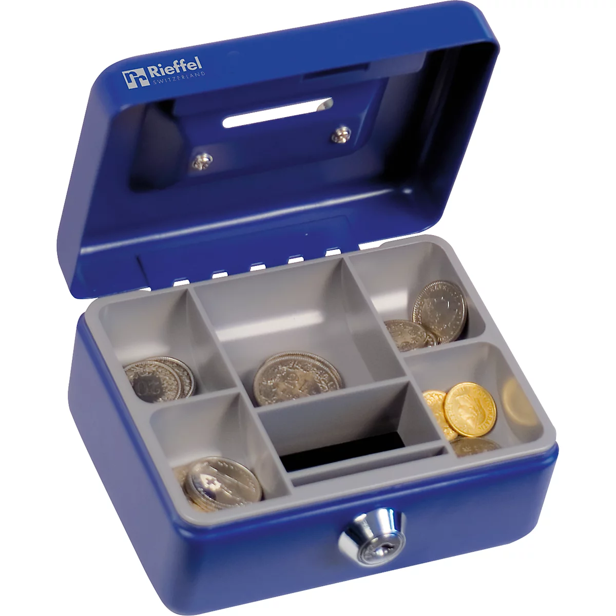 Reiffel Caissette à monnaie avec fente d'introduction, serrure à cylindre, L 125 x H 60 x P 95 mm, bleu