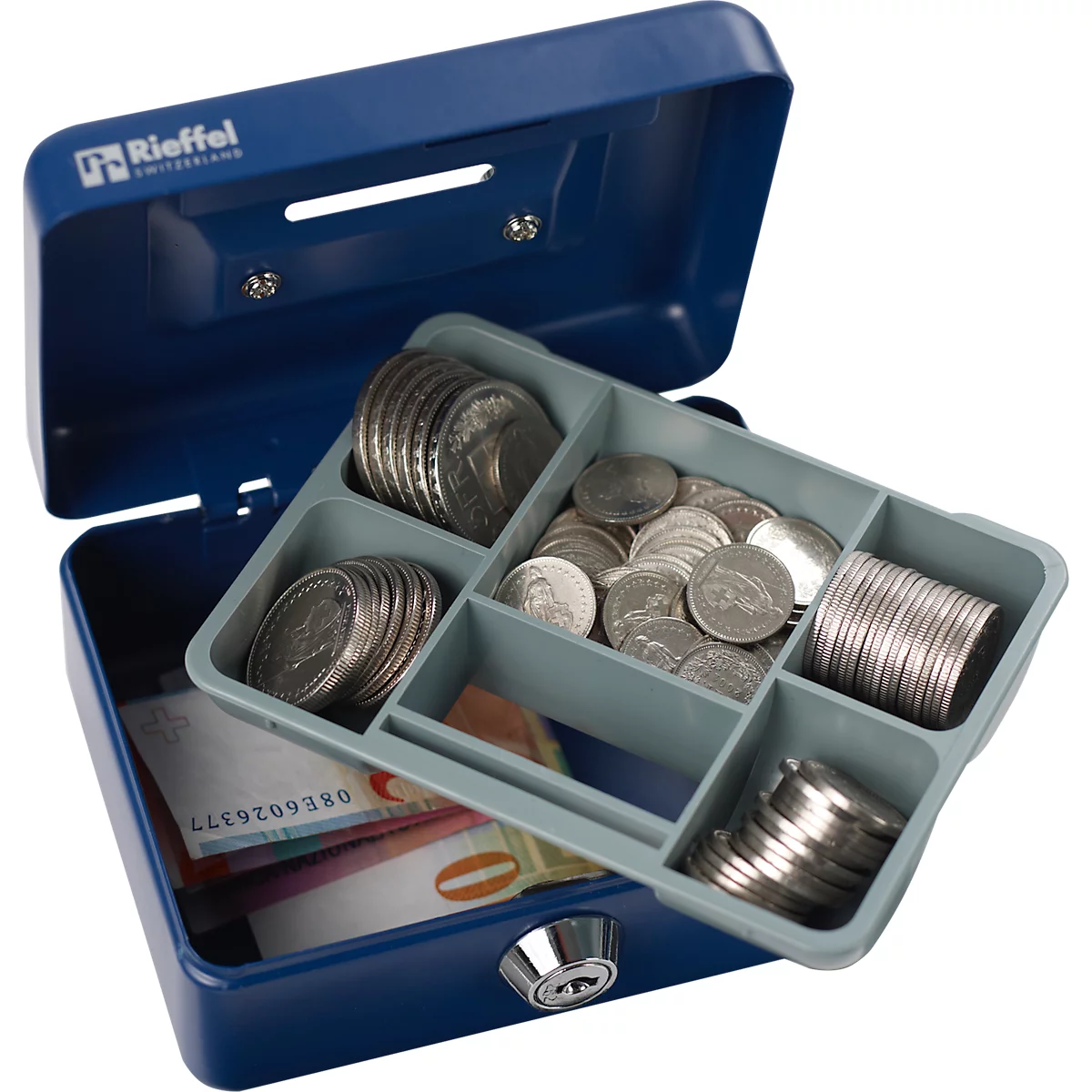 Reiffel Caissette à monnaie avec fente d'introduction, serrure à cylindre, L 125 x H 60 x P 95 mm, bleu