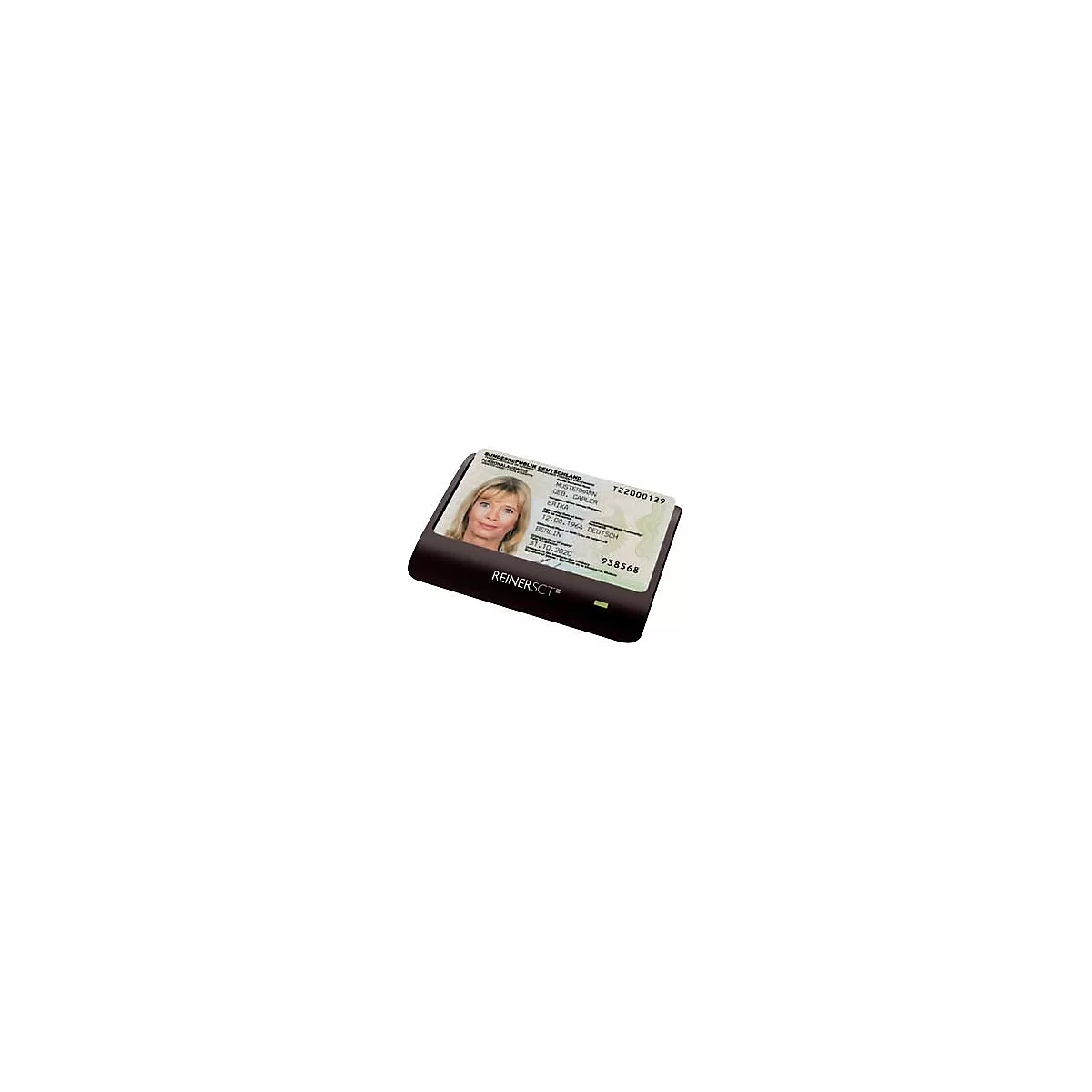 Ein ReinerSCT Kartenlesegerät mit einem eingesteckten deutschen Personalausweis auf weißem Hintergrund.