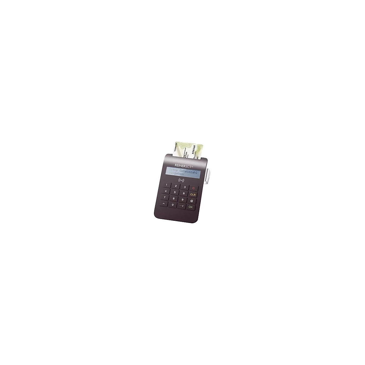 Reiner SCT TAN-Generator mit eingestecktem Ausweisdokument und Displayanzeige zur PIN-Eingabe.