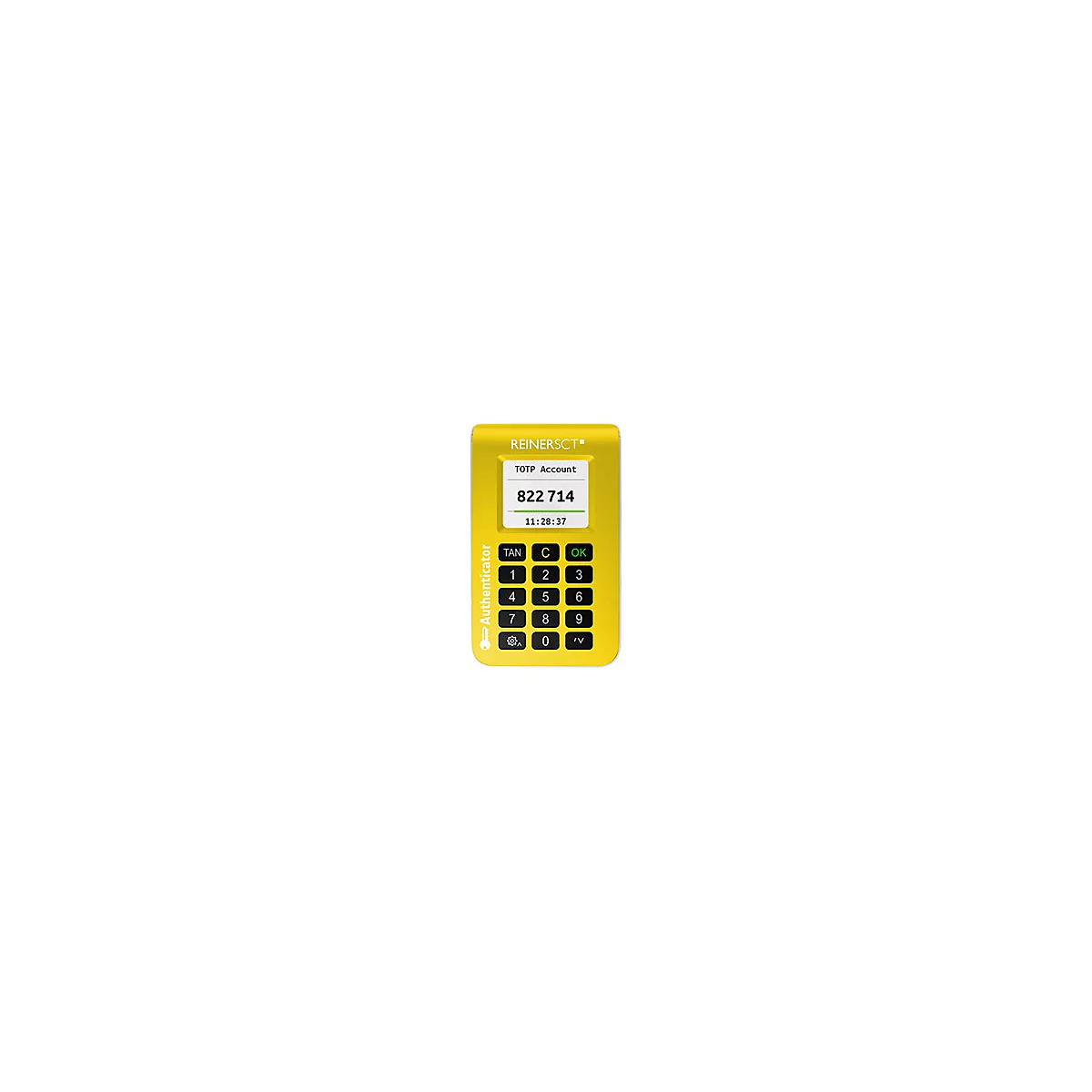 Gelber REINER SCT Authenticator mit Display und Tastenfeld zeigt einen sechsstelligen Code an.