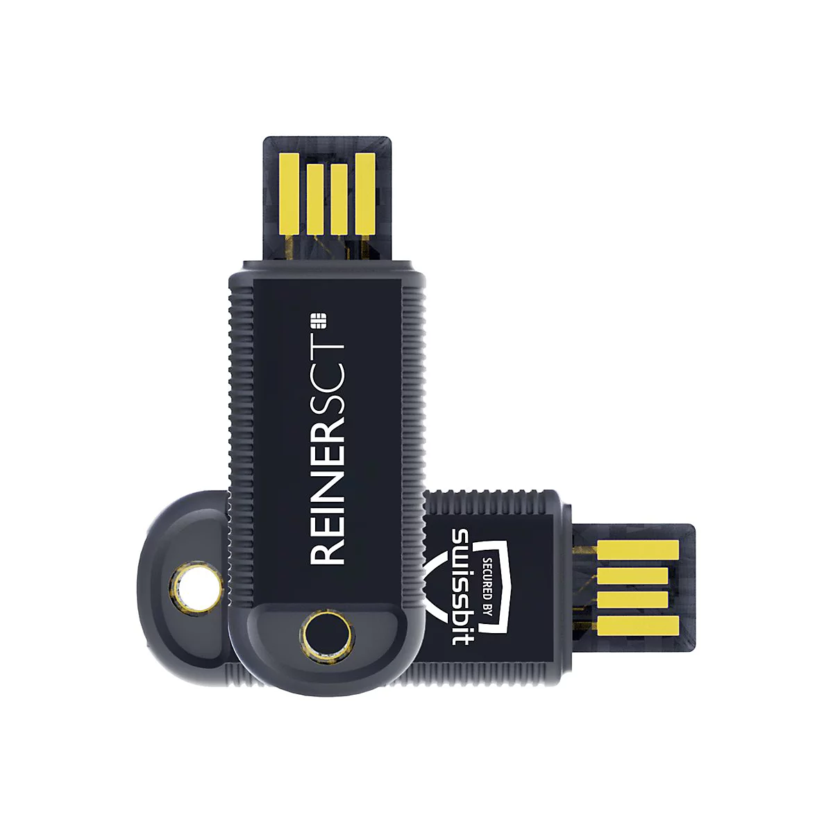 Zwei schwarze ReinerSCT USB-Sicherheitssticks mit gelben Kontakten vor weißem Hintergrund.