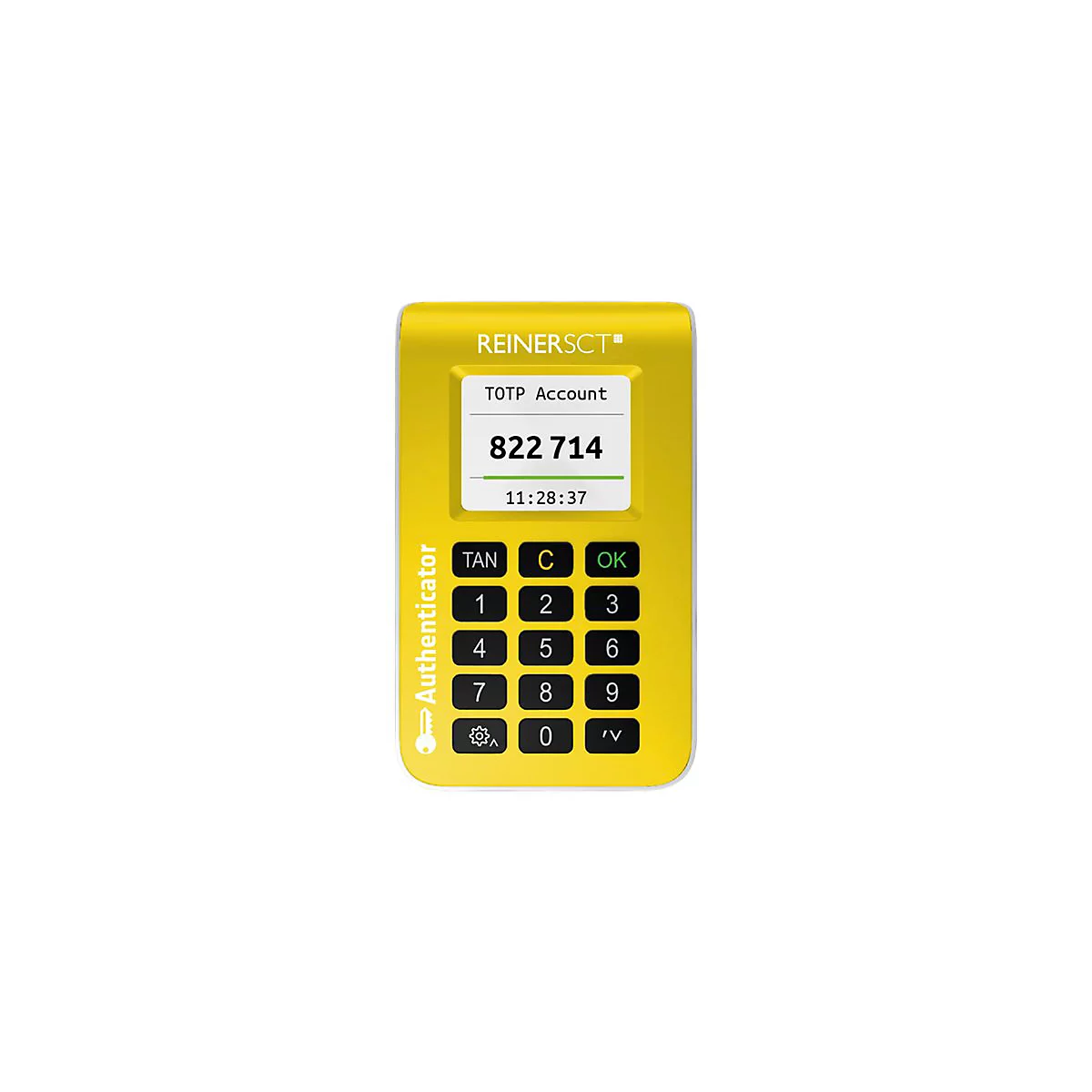 Gelber ReinerSCT Authenticator mit Display, das die Zahl 822 714 und eine Zeitanzeige auf weißem Grund zeigt.
