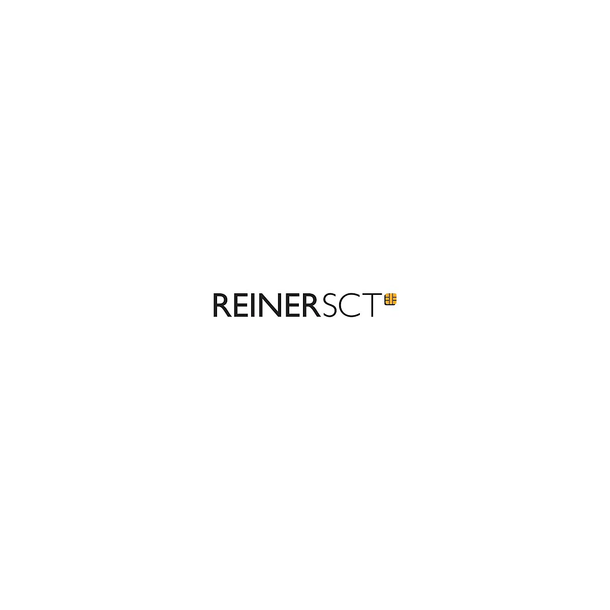 Firmenlogo von REINER SCT, schwarzer Schriftzug mit einem gelben Chip-Symbol am Ende.