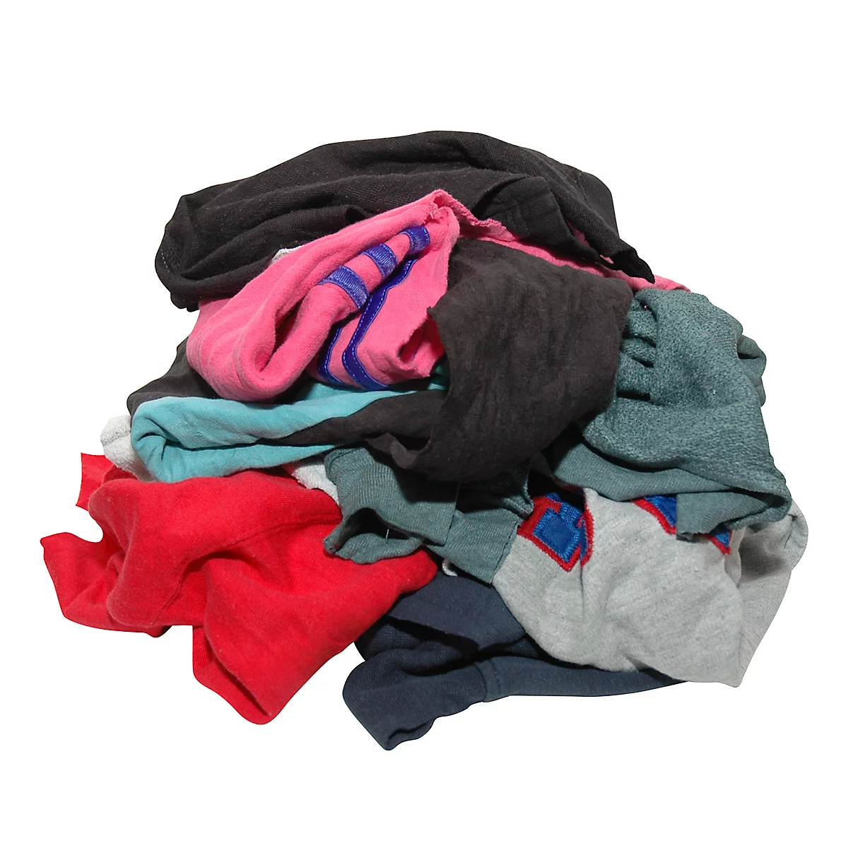 Een stapel kleding in verschillende kleuren op een witte achtergrond.