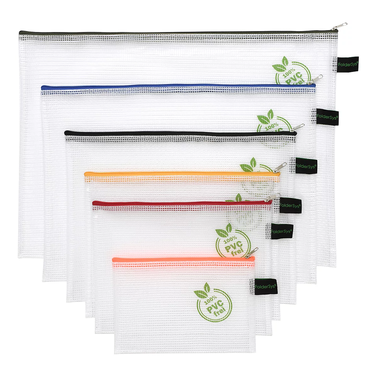 Reißverschlussbeutel FolderSys, mit Halteschlaufe, PVC-frei, EVA-Folie transparent, 6 Stück in Format A4-B6