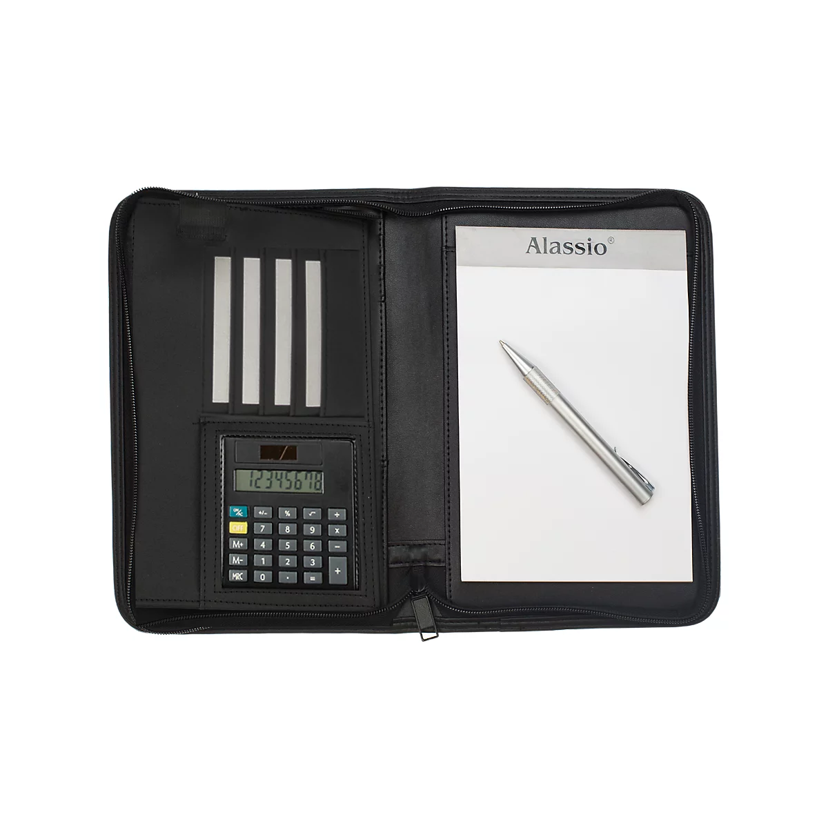 Schwarzes Schreibmappe mit Rechner, Notizblock, Stift. Auf dem Notizblock steht "Alassio".