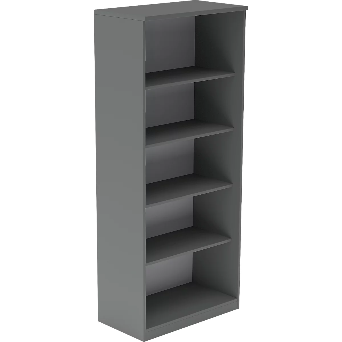 Grijze, hoge kast met vijf planken. De kast staat op een witte achtergrond.
