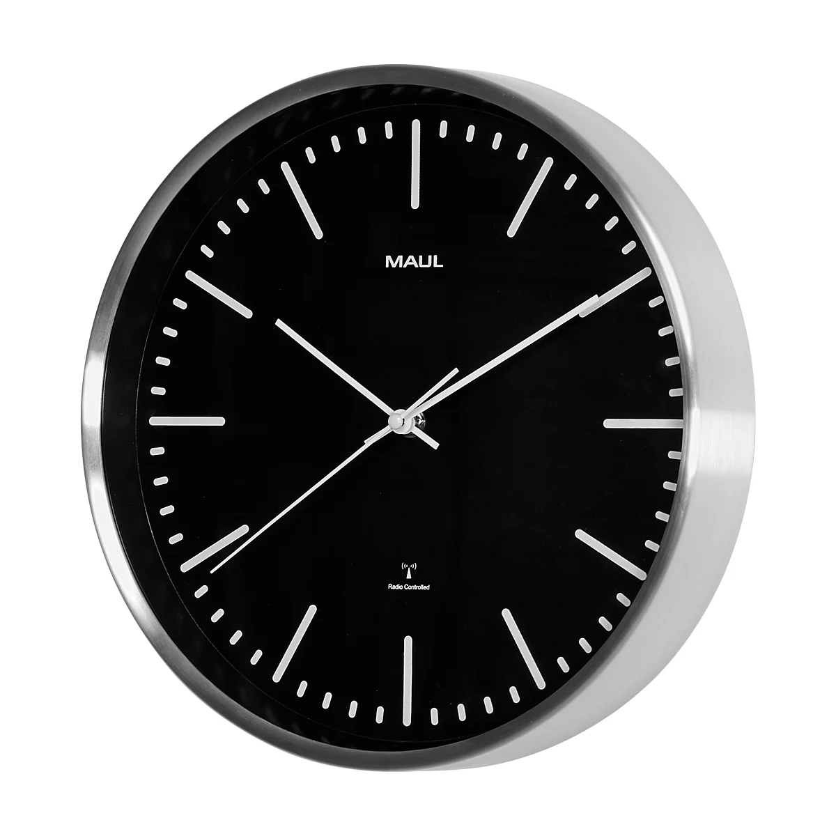 Reloj de pared radiocontrolado Maul MAULfly, negro, redondo, para interior ∅ 300 mm, cambio de hora automático, plástico y cristal con pila