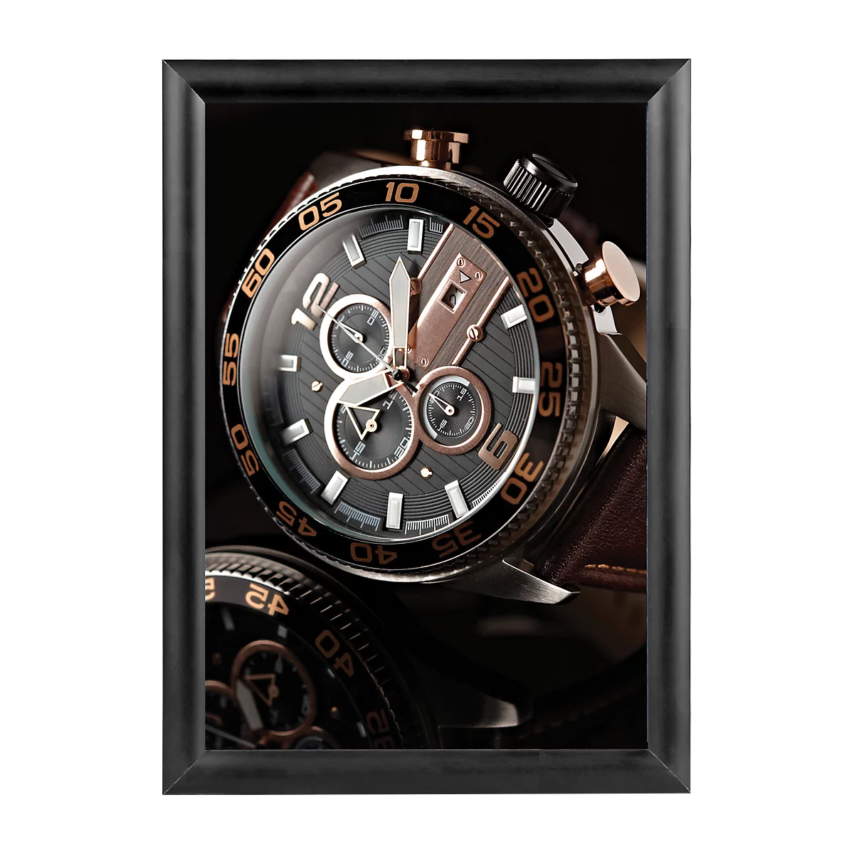 Close-up of a luxury wristwatch with a black dial, gold accents, and a leather strap.