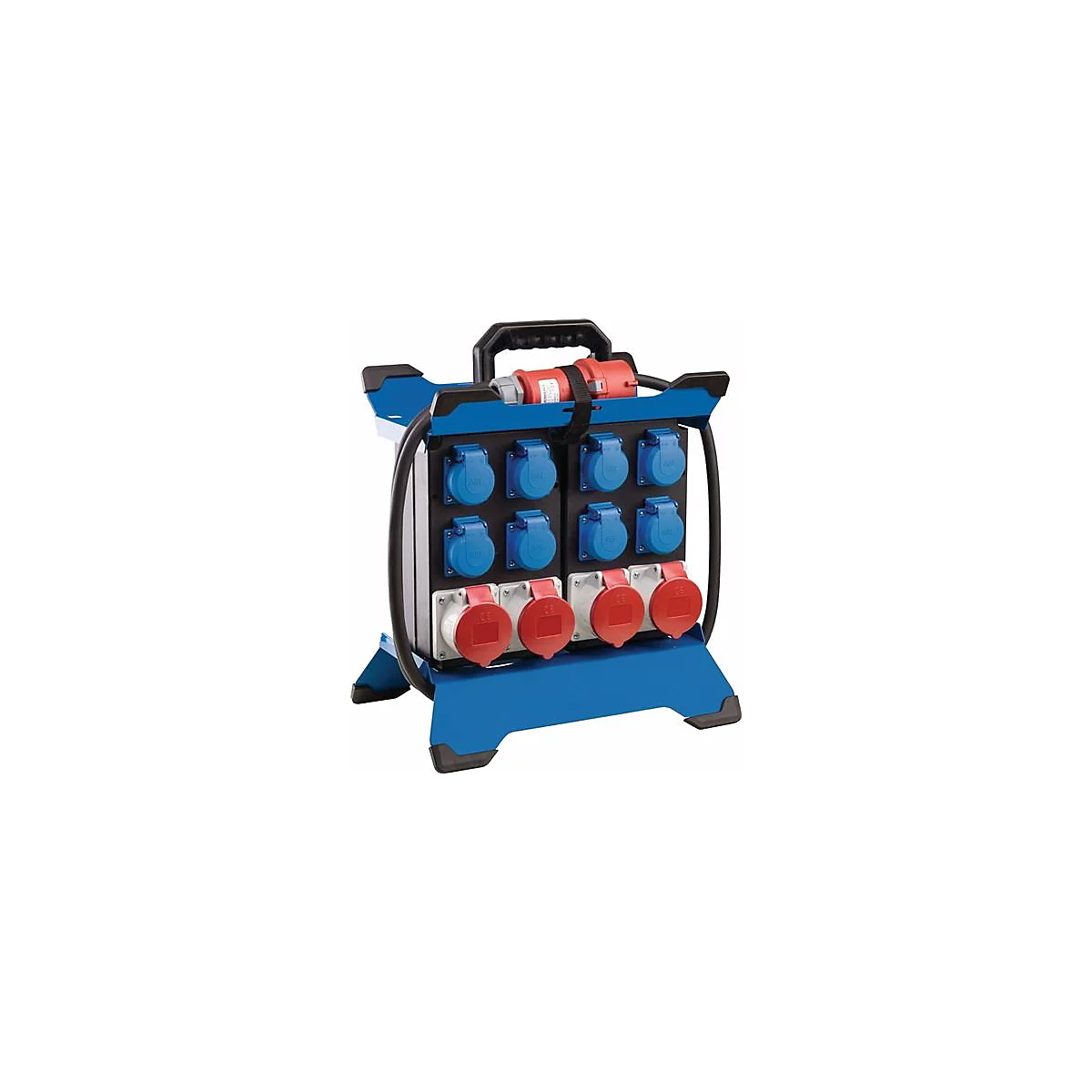 Un boîtier de distribution bleu et noir avec des prises. Une poignée en haut et une prise rouge.