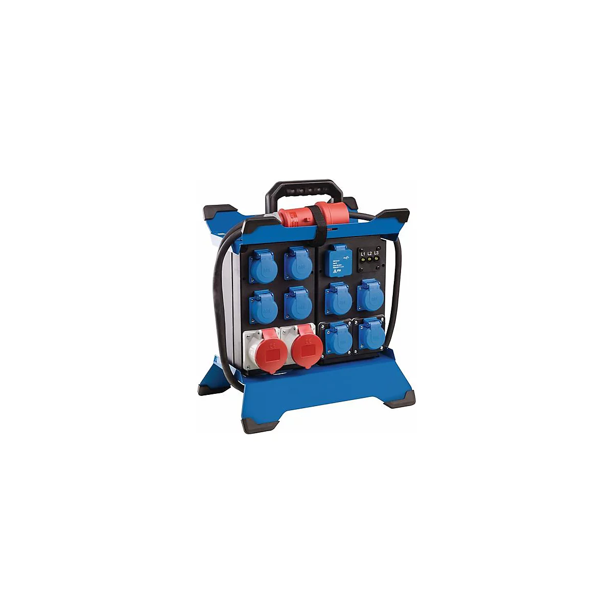 Boîtier de distribution électrique bleu avec diverses prises et une poignée. Des câbles noirs sont connectés.