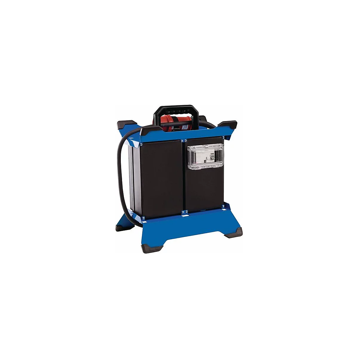 Distributeur d'énergie bleu et noir avec poignée, prise et câble.