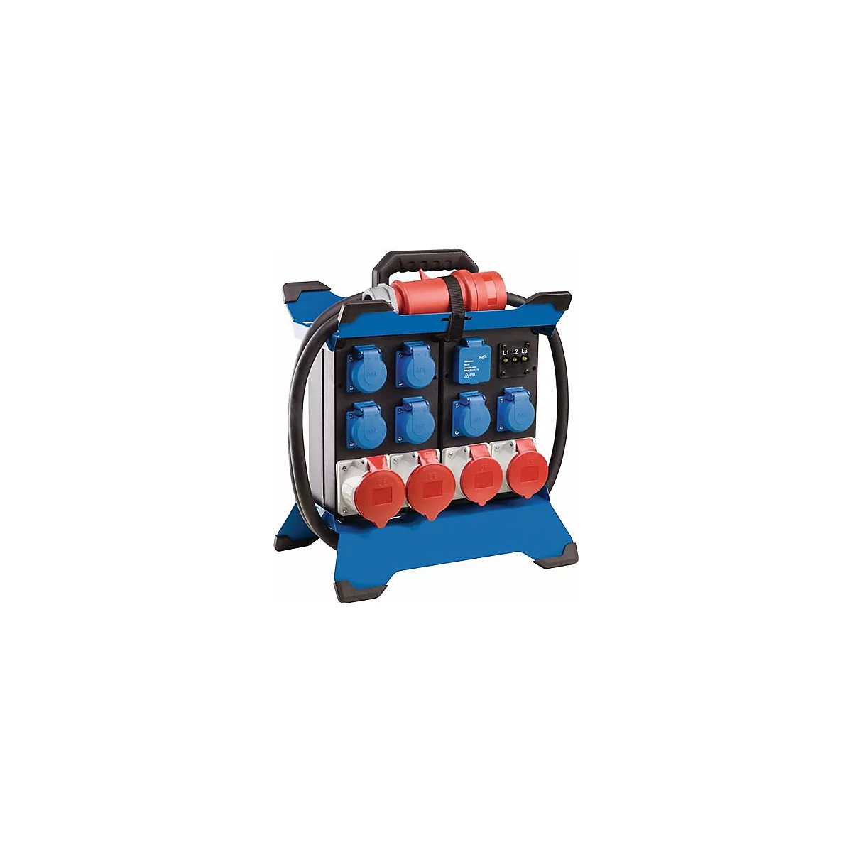 Distributeur d'alimentation bleu et robuste avec diverses prises, prise rouge et poignée de transport.