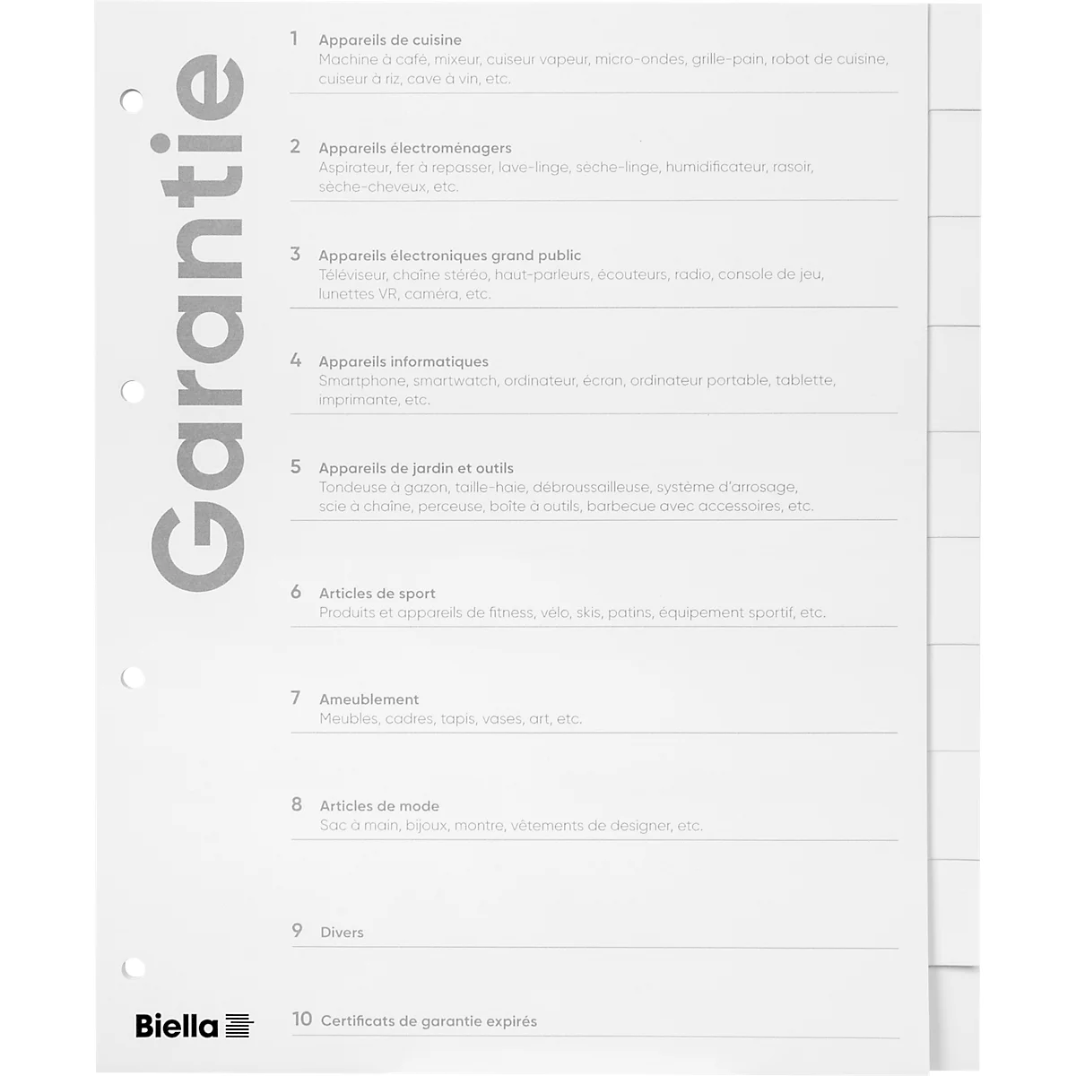 Page grise avec lettrage "Garantie" et une liste de catégories de produits. Logo Biella en bas à gauche.