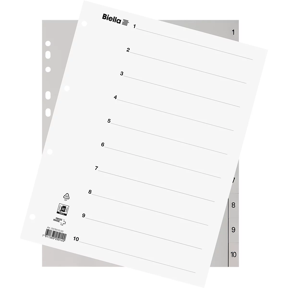 Répertoire Biella, pour DIN A4, 10 pièces, numérique 1-10, extra-large pour les pochettes de présentation dans les classeurs à anneaux/de présentation, index, L 297 x l 244 mm, polypropylène, gris