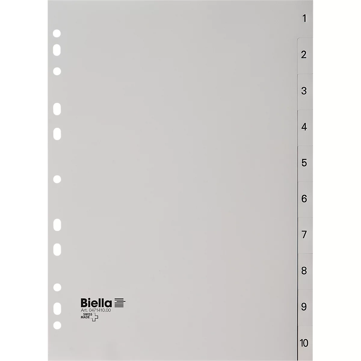 Répertoire Biella, pour DIN A4, 10 pièces, numérique 1-10, onglets numérotés, perforation universelle, impression index, L 297 x l 225 mm, polypropylène, gris