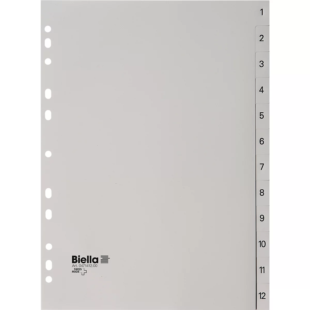 Répertoire Biella, pour DIN A4, 12 parties, numérique 1-12, onglets numérotés, perforation universelle, impression index, L 296 x l 226 mm, polypropylène, gris
