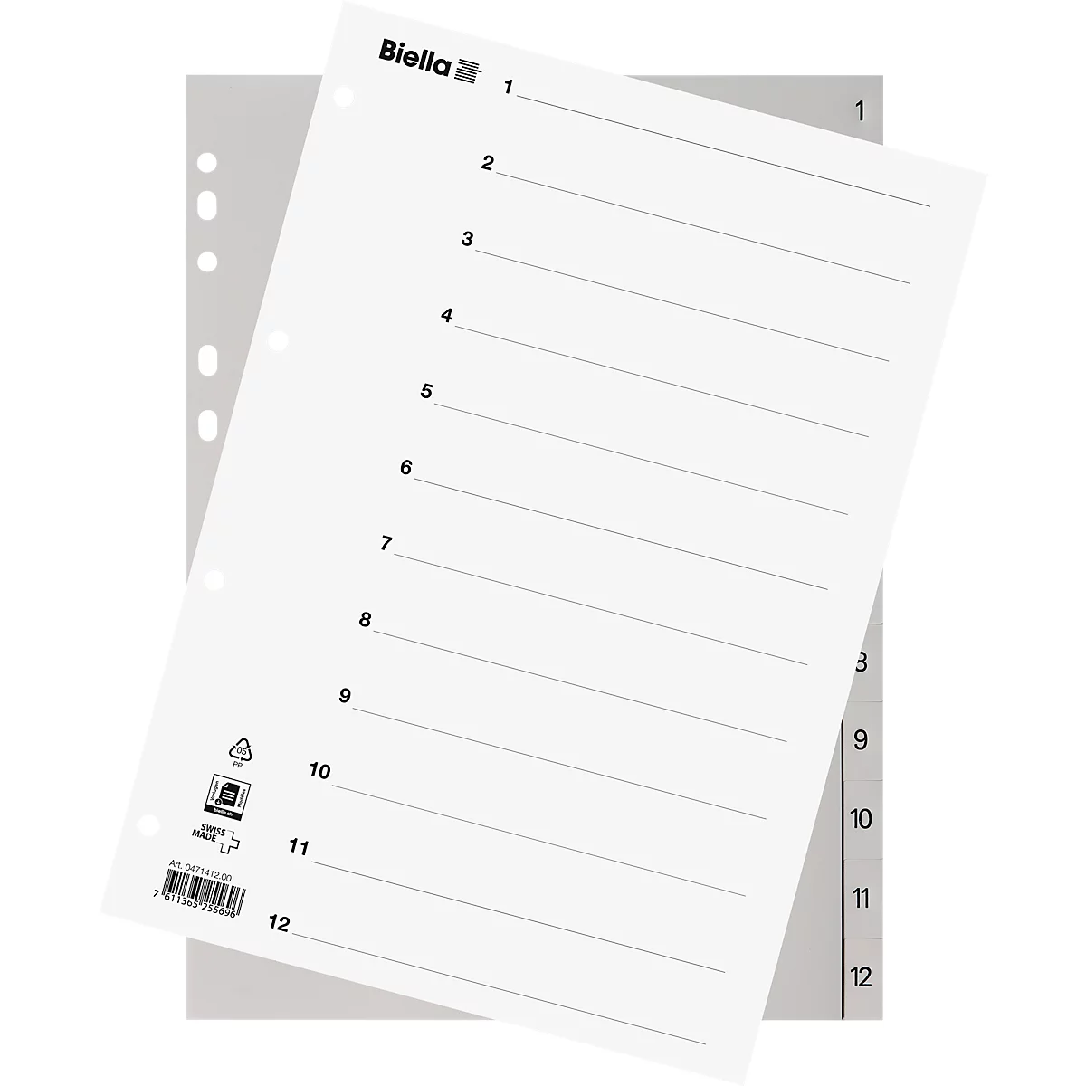 Répertoire Biella, pour DIN A4, 12 parties, numérique 1-12, onglets numérotés, perforation universelle, impression index, L 296 x l 226 mm, polypropylène, gris