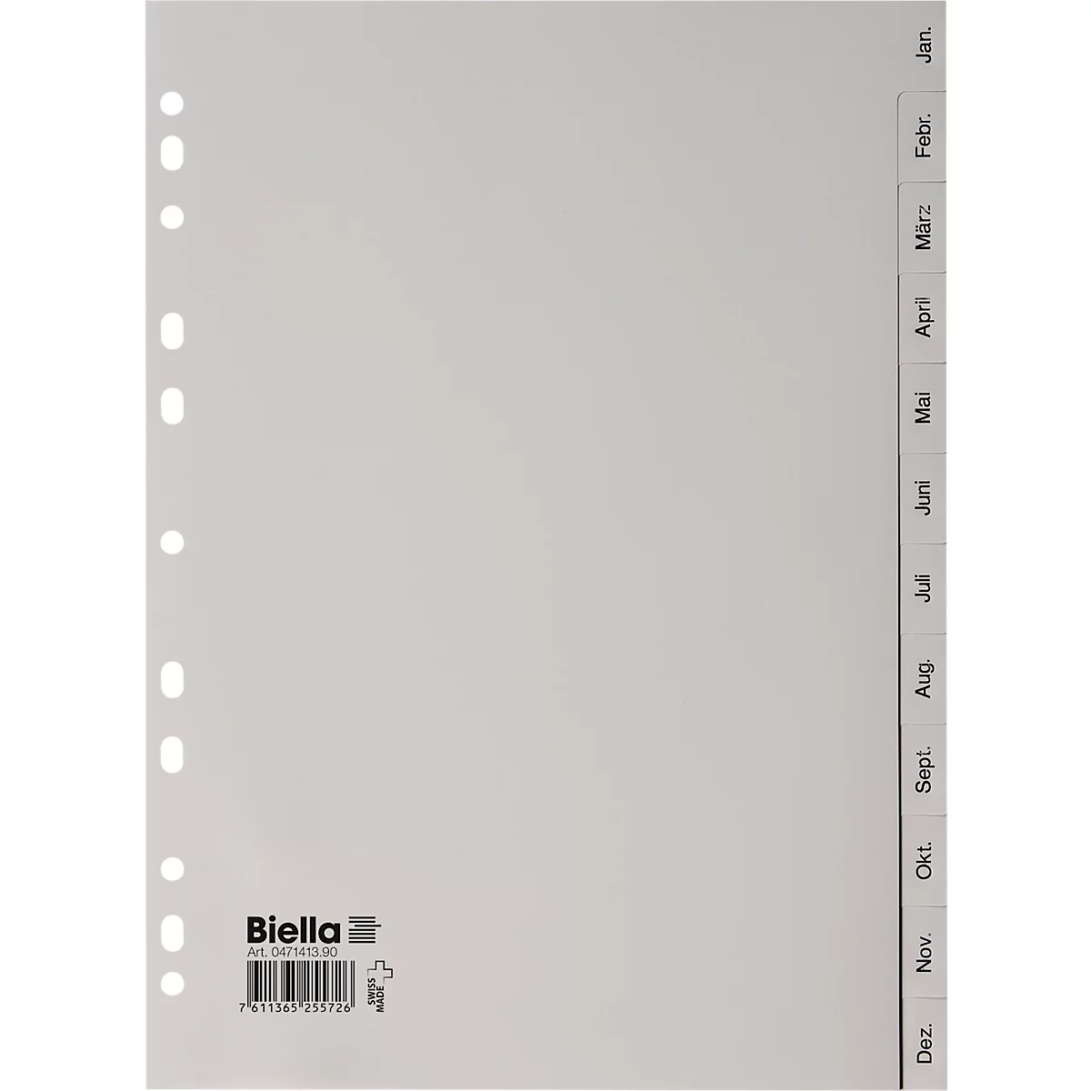 Répertoire Biella, pour DIN A4, 12 pièces, division calendaire Jan-Dec (all.), onglets vierges, perforation universelle, L 296 x l 226 mm, polypropylène, gris