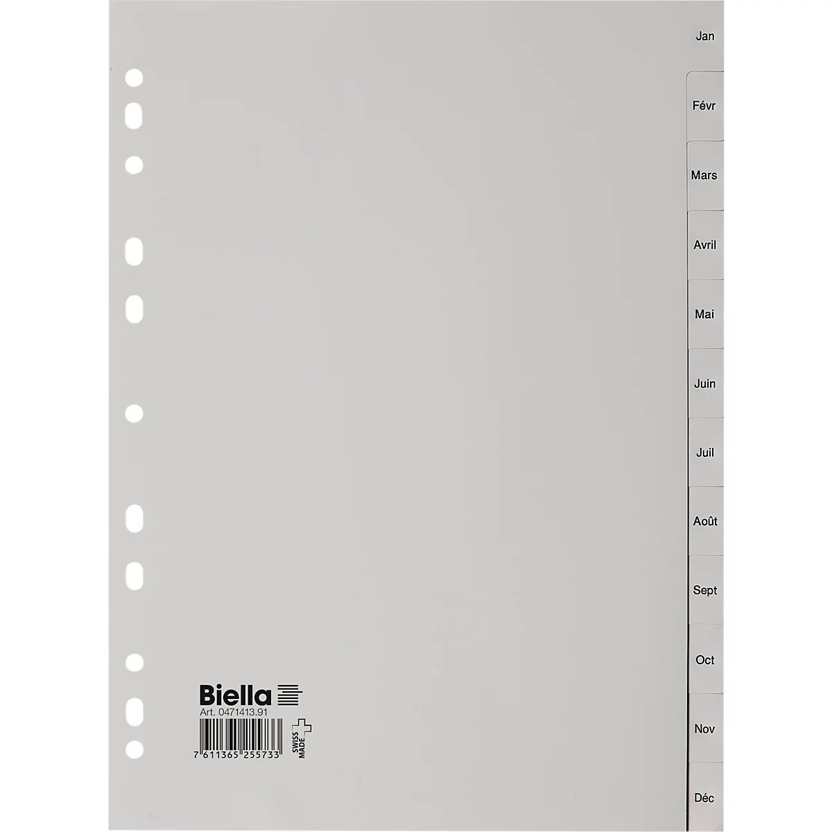 Répertoire Biella, pour DIN A4, 12 pièces, division calendaire Jan-Dec (fr.), onglets vierges, perforation universelle, L 296 x l 226 mm, polypropylène, gris