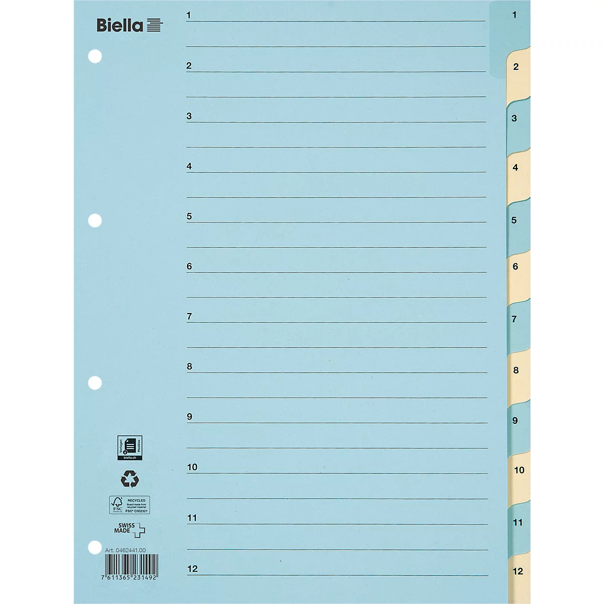 Répertoire Biella, pour DIN A4, 12 pièces, numérique 1-12, onglets renforcés, perforation 4 trous, impression index, L 297 x l 225 mm, carton, bleu