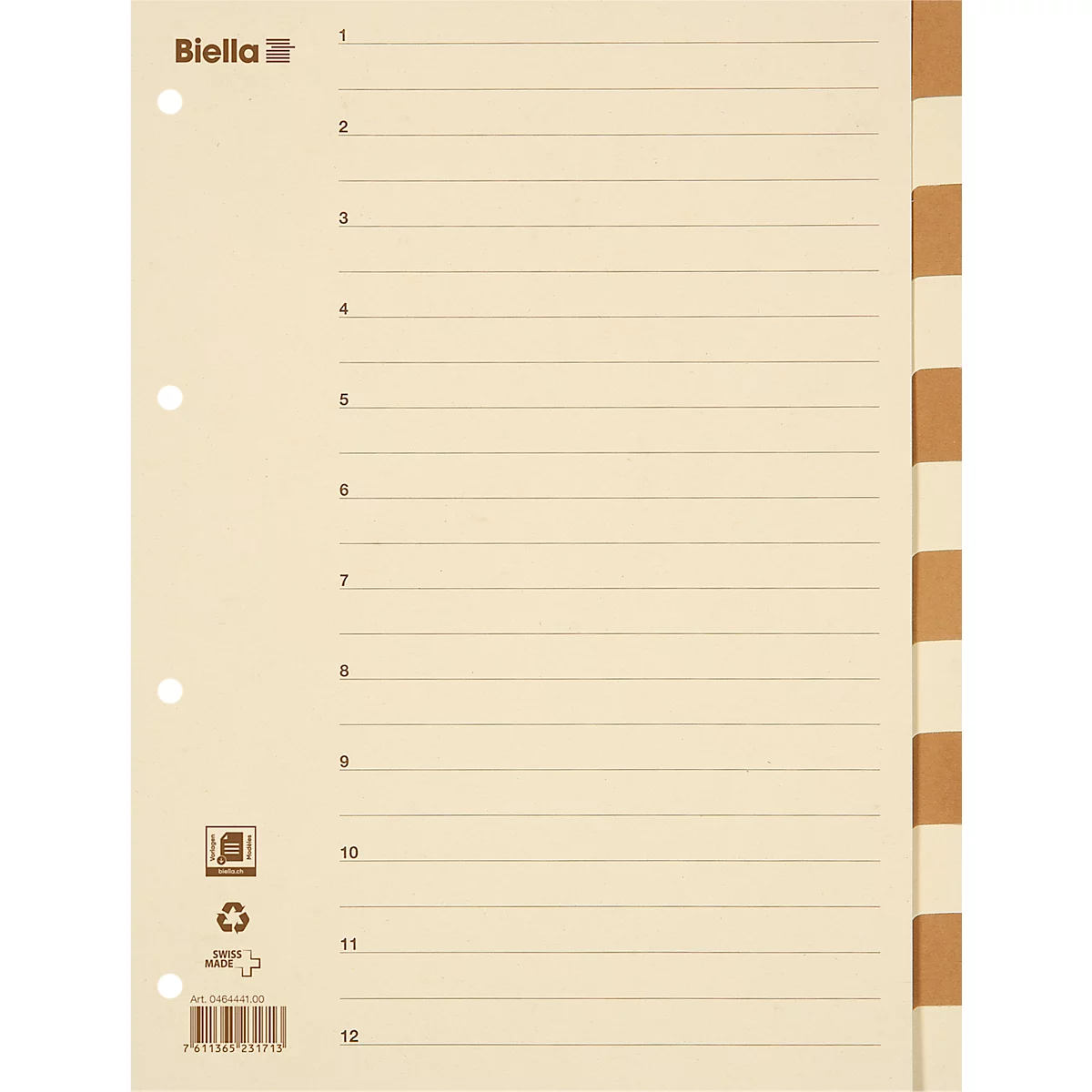 Répertoire Biella, pour DIN A4, 12 pièces, numérique 1-12, onglets vierges, 4 perforations, impression index, L 297 x l 225 mm, carton recyclé, beige