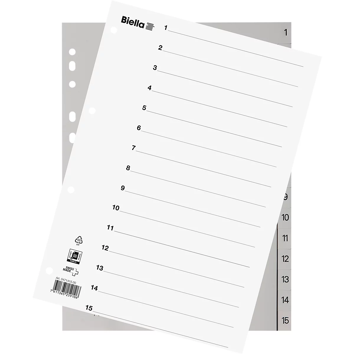 Répertoire Biella, pour DIN A4, 15 pièces, numérique 1-15, onglets numérotés, perforation universelle, impression index, L 296 x l 226 mm, polypropylène, gris