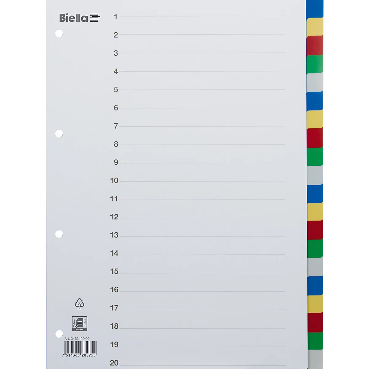 Séparateur blanc avec des marqueurs colorés, numéros de 1 à 20.