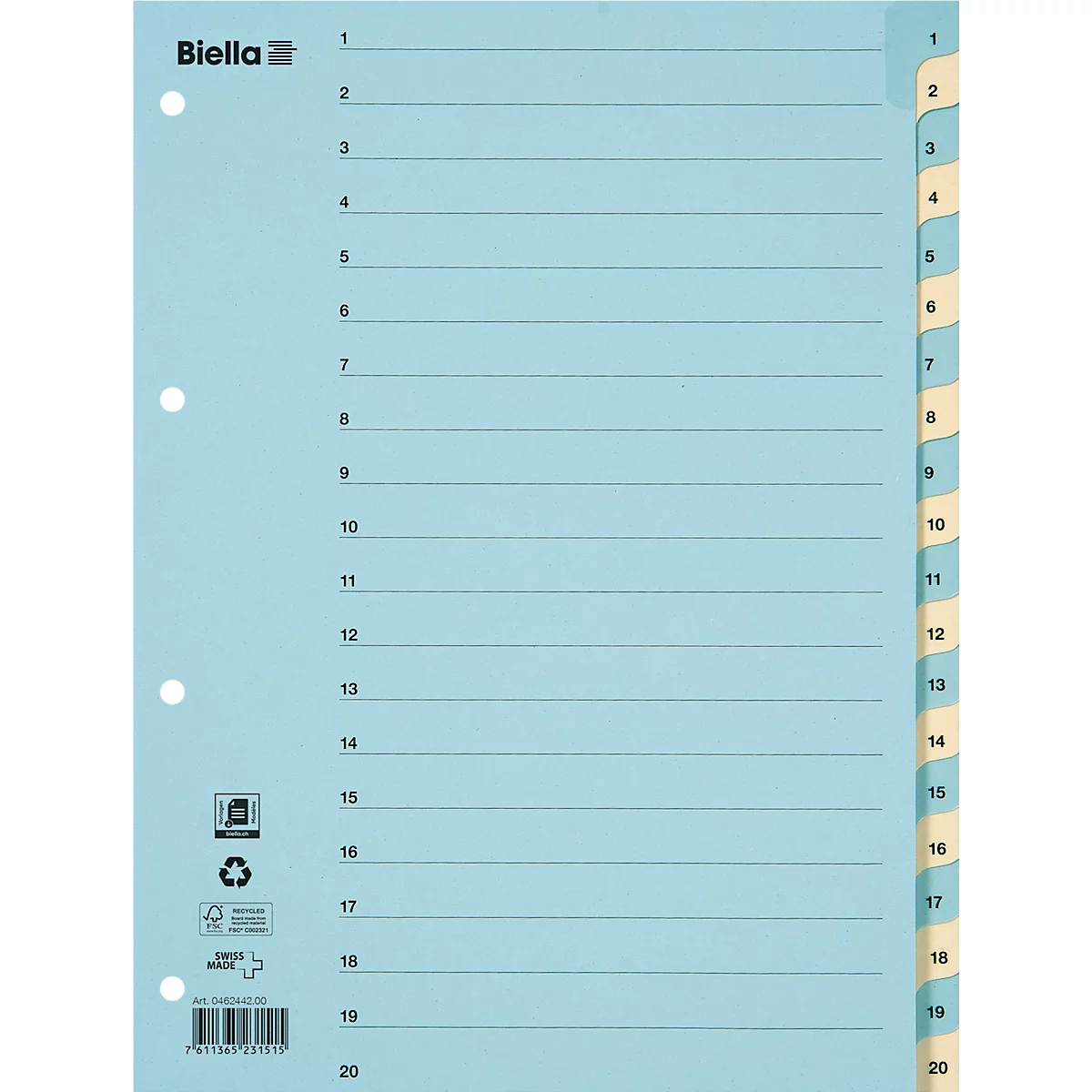 Répertoire Biella, pour DIN A4, 20 pièces, numérique 1-20, onglets renforcés, perforation 4 trous, impression index, L 297 x l 225 mm, carton, bleu