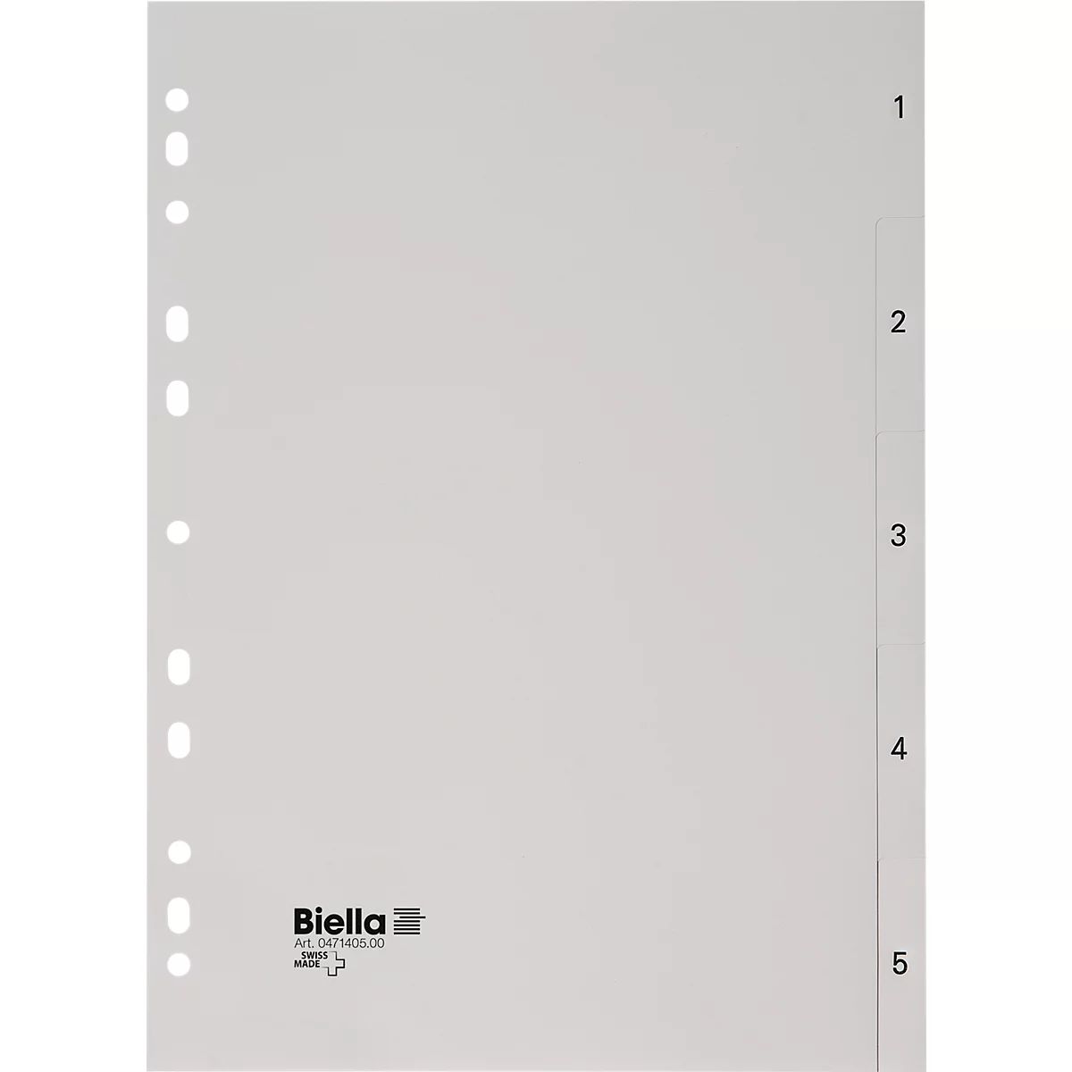 Répertoire Biella, pour DIN A4, 5 parties, numérique 1-5, onglets vierges, perforation universelle, impression index, L 297 x l 225 mm, polypropylène, gris