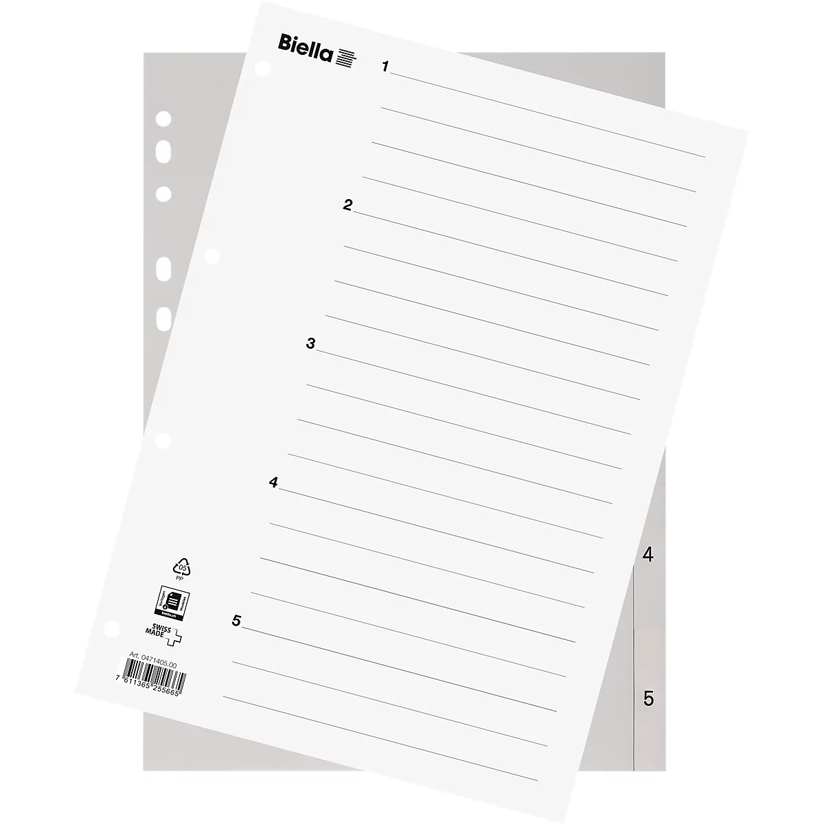Répertoire Biella, pour DIN A4, 5 parties, numérique 1-5, onglets vierges, perforation universelle, impression index, L 297 x l 225 mm, polypropylène, gris