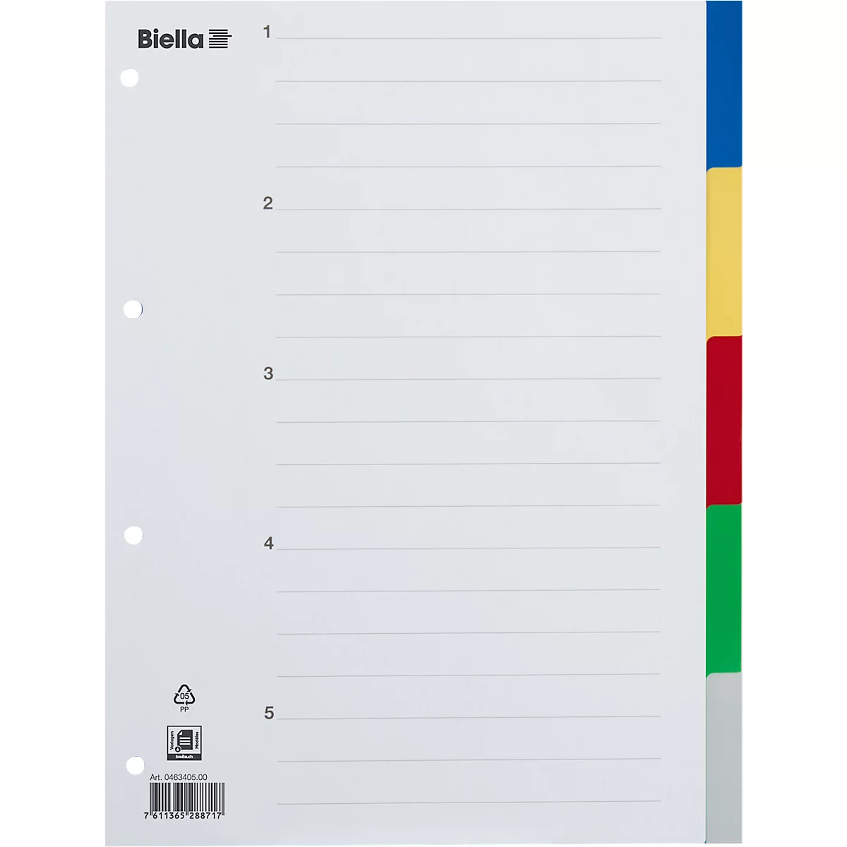 Une fiche d'index blanche avec des séparateurs colorés, numérotée.