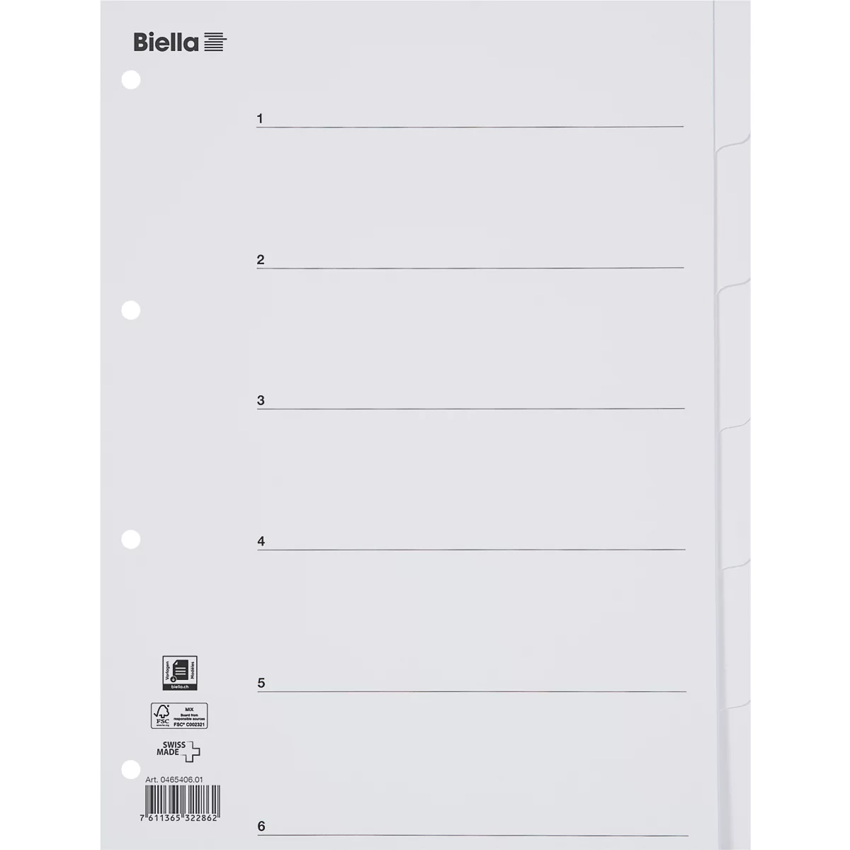 Répertoire Biella, pour DIN A4, 6 parties, numérique 1-6, onglets vierges, perforation 4 trous, impression index, L 297 x l 225 mm, carton, blanc