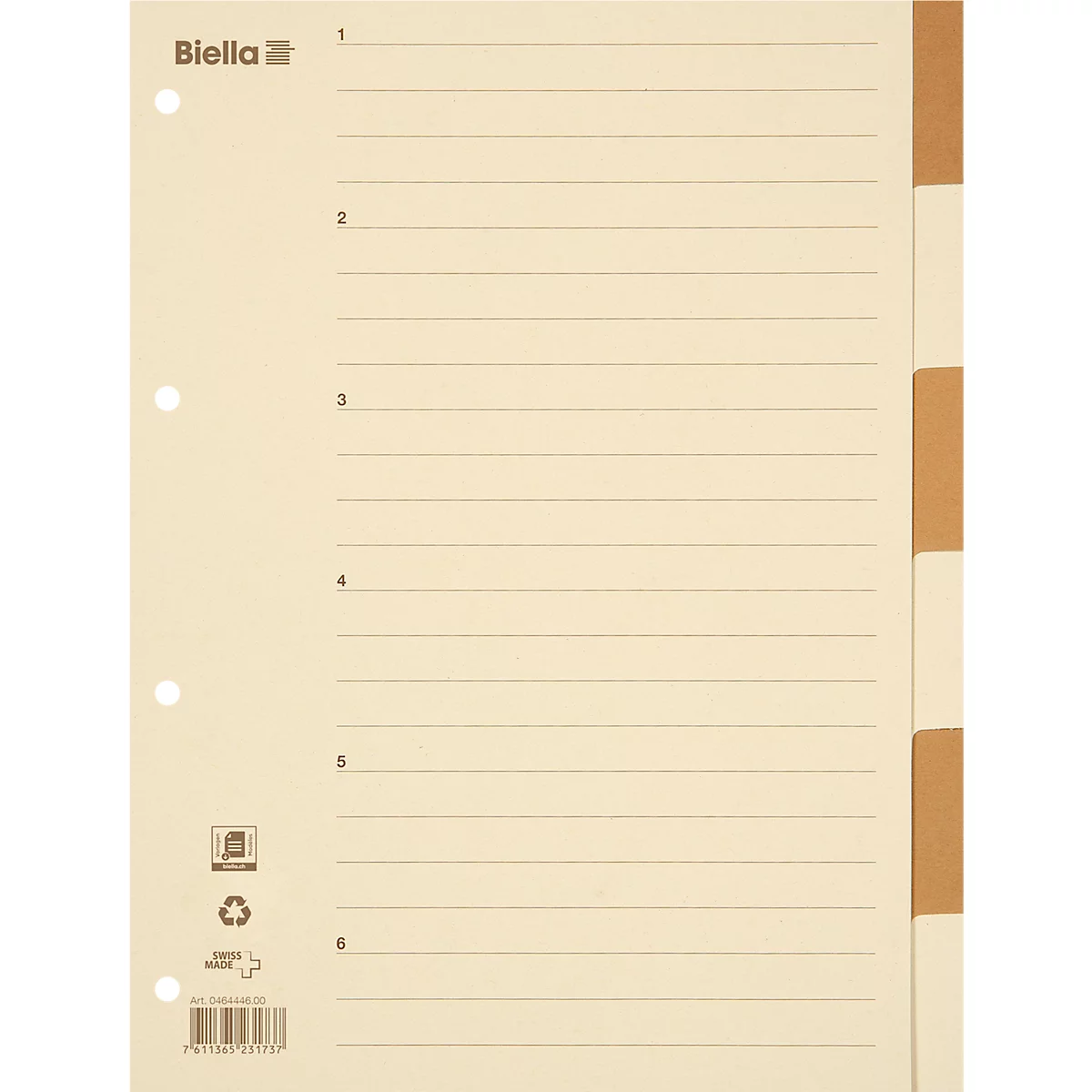 Répertoire Biella, pour DIN A4, 6 pièces, numérique 1-6, onglets vierges, perforation 4 trous, impression index, L 297 x l 225 mm, carton, beige