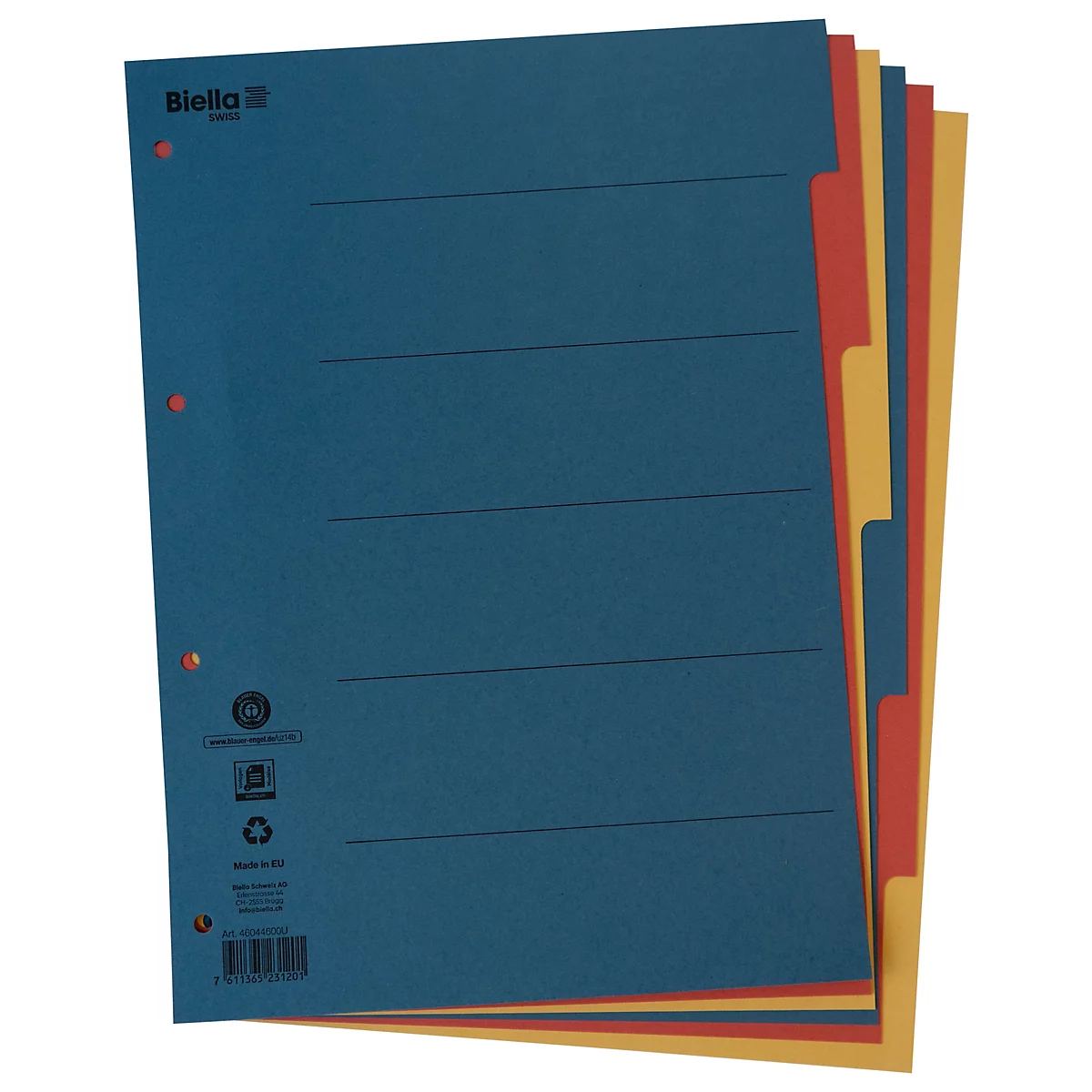 Classeur bleu avec onglets de séparation rouges et jaunes. Avec bords perforés et lignes.